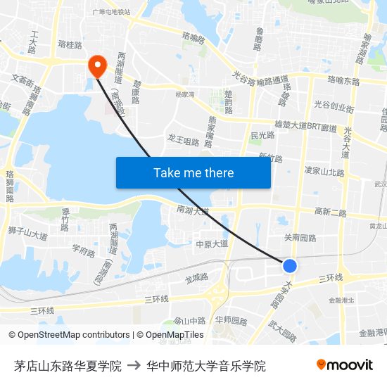 茅店山东路华夏学院 to 华中师范大学音乐学院 map