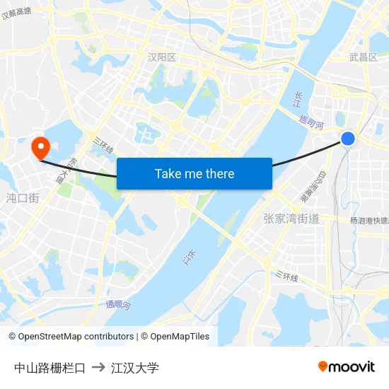 中山路栅栏口 to 江汉大学 map