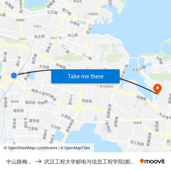 中山路梅家山 to 武汉工程大学邮电与信息工程学院(邮科院校区) map