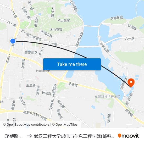 珞狮路北段 to 武汉工程大学邮电与信息工程学院(邮科院校区) map
