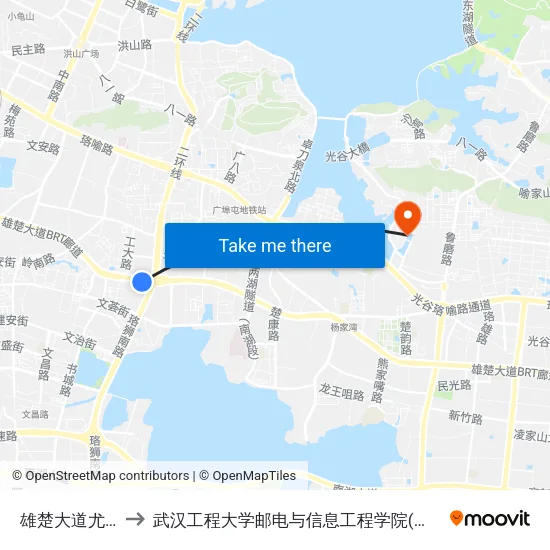 雄楚大道尤李村 to 武汉工程大学邮电与信息工程学院(邮科院校区) map