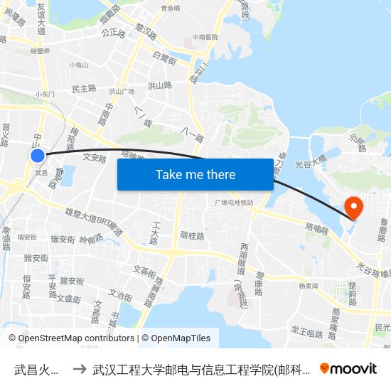 武昌火车站 to 武汉工程大学邮电与信息工程学院(邮科院校区) map