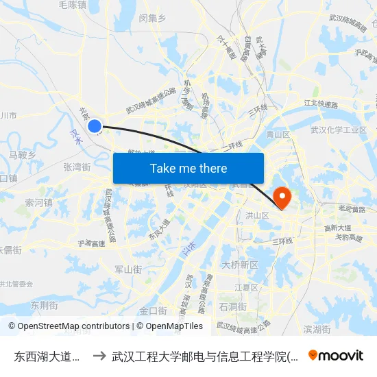东西湖大道汉湖村 to 武汉工程大学邮电与信息工程学院(邮科院校区) map