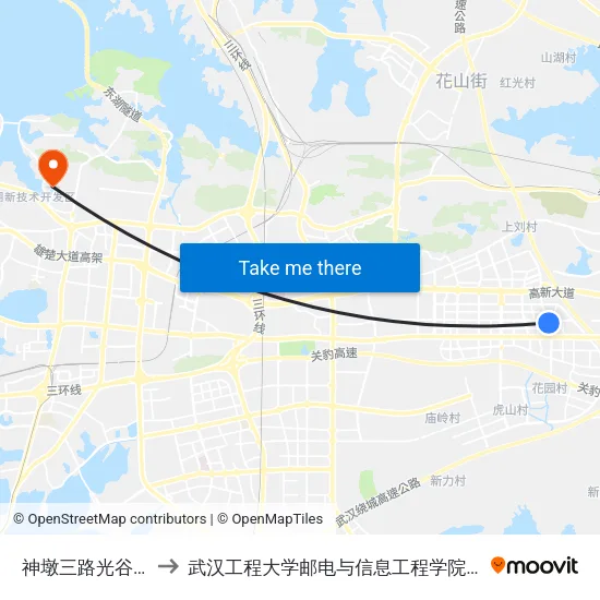 神墩三路光谷八路口 to 武汉工程大学邮电与信息工程学院(邮科院校区) map