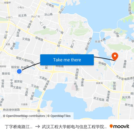 丁字桥南路江南庭院 to 武汉工程大学邮电与信息工程学院(邮科院校区) map