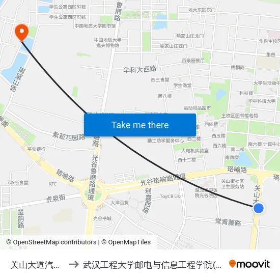关山大道汽发社区 to 武汉工程大学邮电与信息工程学院(邮科院校区) map