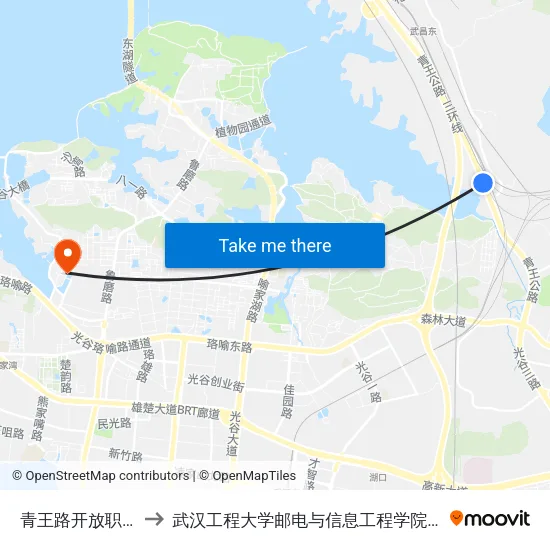 青王路开放职业学院 to 武汉工程大学邮电与信息工程学院(邮科院校区) map