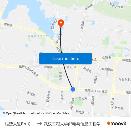 雄楚大道Brt民族大道站 to 武汉工程大学邮电与信息工程学院(邮科院校区) map