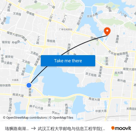 珞狮路南湖山庄 to 武汉工程大学邮电与信息工程学院(邮科院校区) map