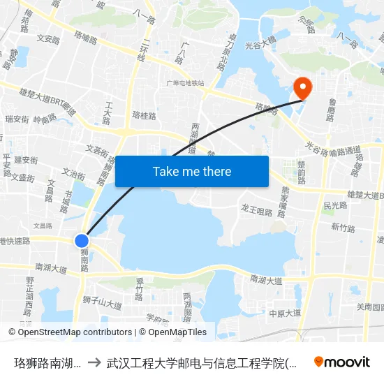 珞狮路南湖山庄 to 武汉工程大学邮电与信息工程学院(邮科院校区) map