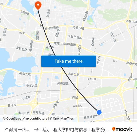 金融湾一路大舒村 to 武汉工程大学邮电与信息工程学院(邮科院校区) map