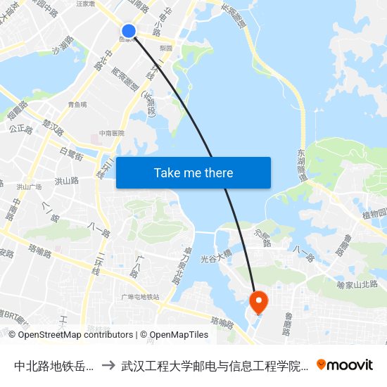 中北路地铁岳家嘴站 to 武汉工程大学邮电与信息工程学院(邮科院校区) map