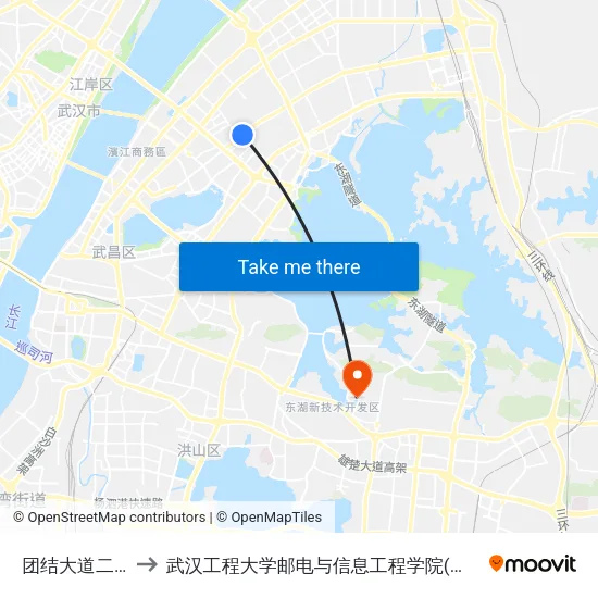 团结大道二郎庙 to 武汉工程大学邮电与信息工程学院(邮科院校区) map