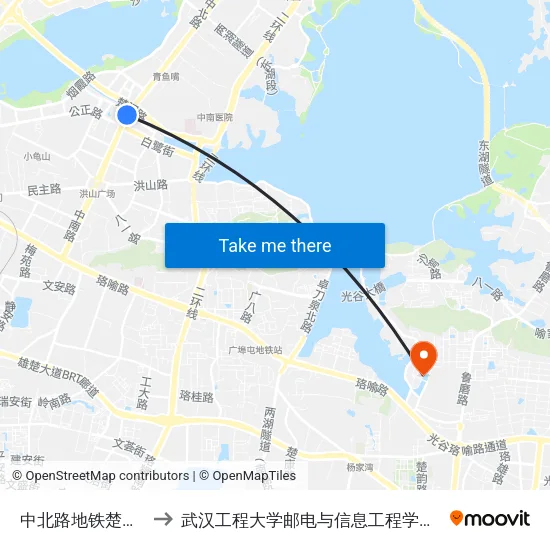 中北路地铁楚河汉街站 to 武汉工程大学邮电与信息工程学院(邮科院校区) map