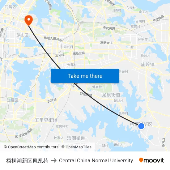 Wutong Lake New District Phoenix Court to Central China Normal University map