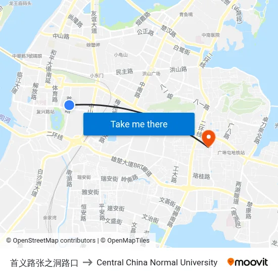 Shouyi Road - Zhang Zhidong Road to Central China Normal University map