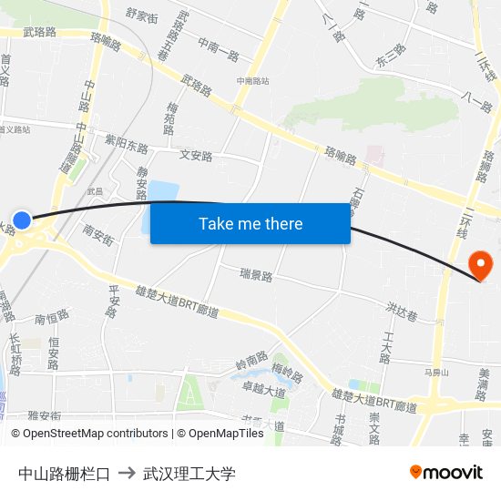 中山路栅栏口 to 武汉理工大学 map