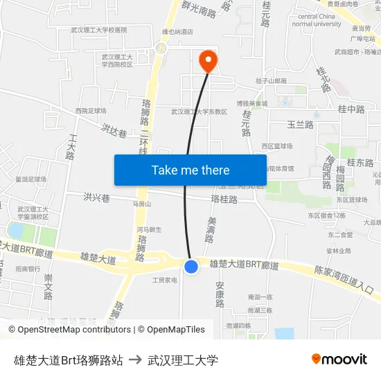 雄楚大道Brt珞狮路站 to 武汉理工大学 map