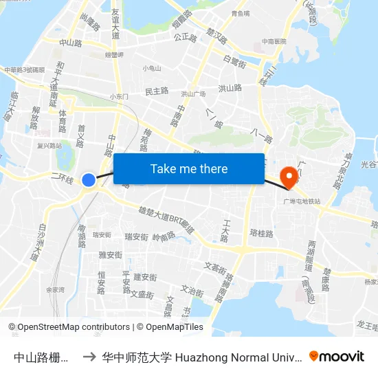 中山路栅栏口 to 华中师范大学 Huazhong Normal University map