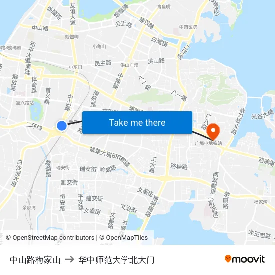 中山路梅家山 to 华中师范大学北大门 map