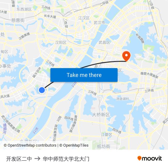 开发区二中 to 华中师范大学北大门 map