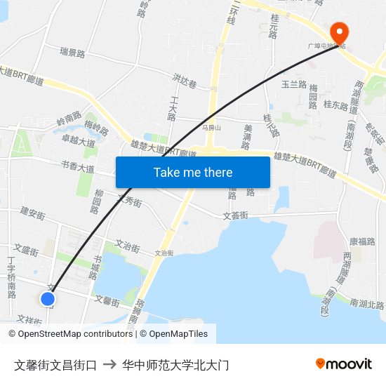 文馨街文昌街口 to 华中师范大学北大门 map