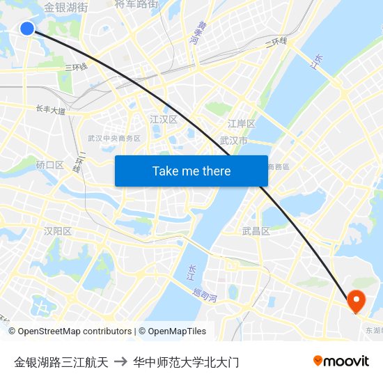 金银湖路三江航天 to 华中师范大学北大门 map