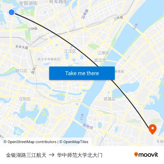 金银湖路三江航天 to 华中师范大学北大门 map