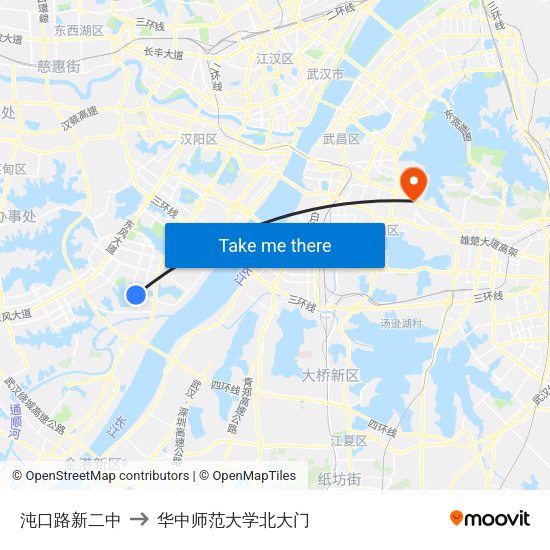沌口路新二中 to 华中师范大学北大门 map