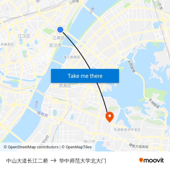 中山大道长江二桥 to 华中师范大学北大门 map