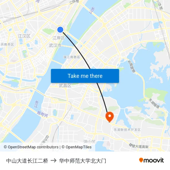 中山大道长江二桥 to 华中师范大学北大门 map