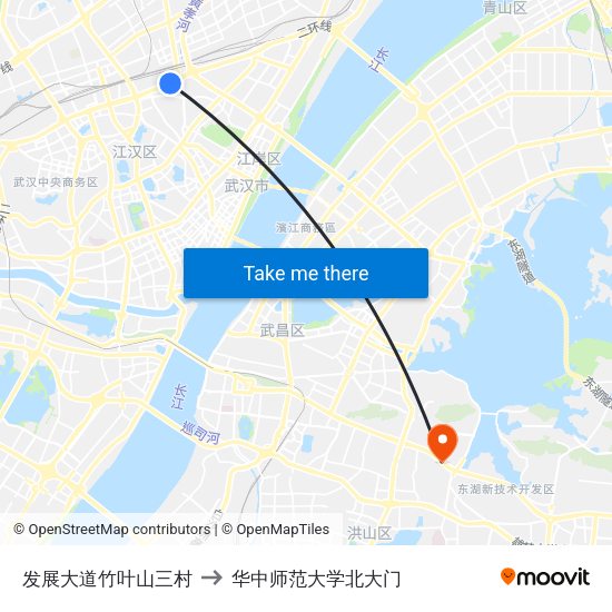 发展大道竹叶山三村 to 华中师范大学北大门 map