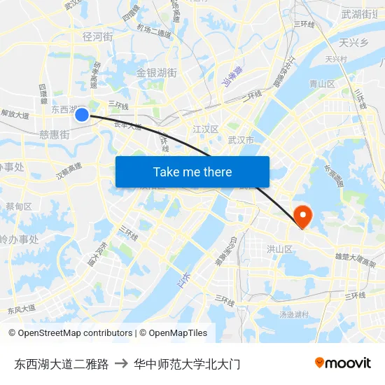 东西湖大道二雅路 to 华中师范大学北大门 map