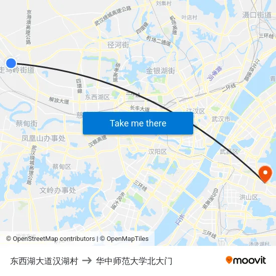 东西湖大道汉湖村 to 华中师范大学北大门 map