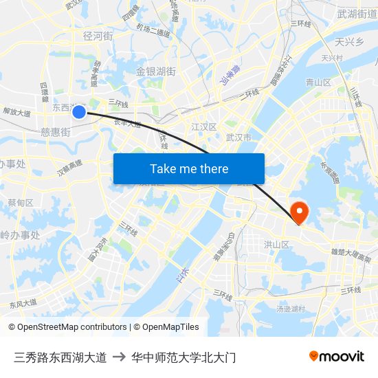 三秀路东西湖大道 to 华中师范大学北大门 map