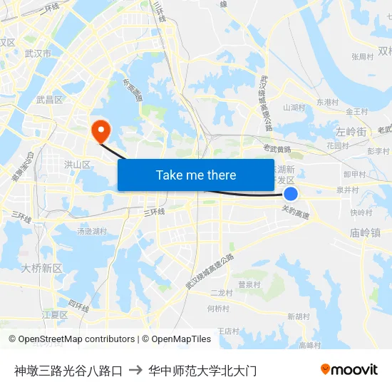神墩三路光谷八路口 to 华中师范大学北大门 map