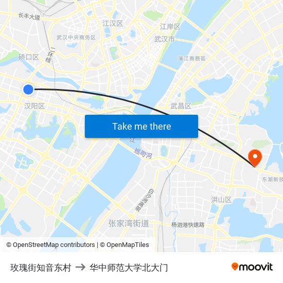 玫瑰街知音东村 to 华中师范大学北大门 map