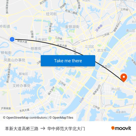革新大道高桥三路 to 华中师范大学北大门 map