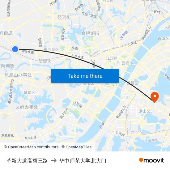 革新大道高桥三路 to 华中师范大学北大门 map