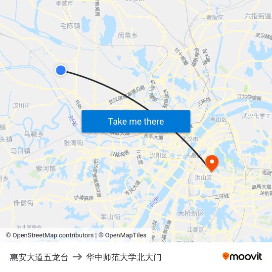 惠安大道五龙台 to 华中师范大学北大门 map