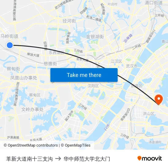 革新大道南十三支沟 to 华中师范大学北大门 map