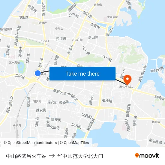 中山路武昌火车站 to 华中师范大学北大门 map