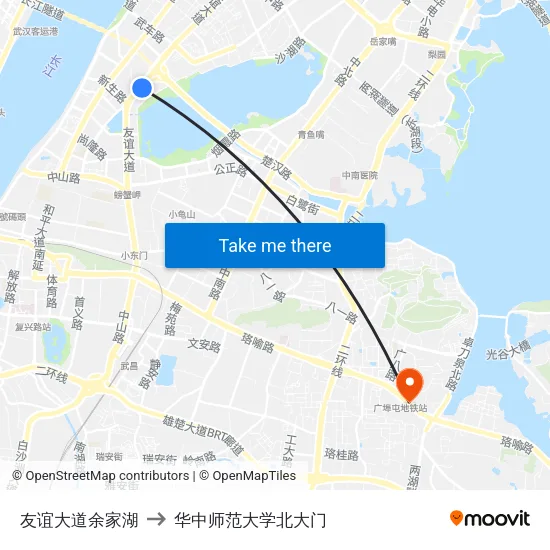友谊大道余家湖 to 华中师范大学北大门 map
