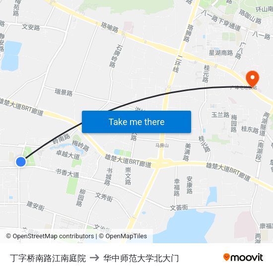 丁字桥南路江南庭院 to 华中师范大学北大门 map