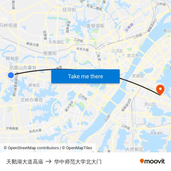 天鹅湖大道高庙 to 华中师范大学北大门 map