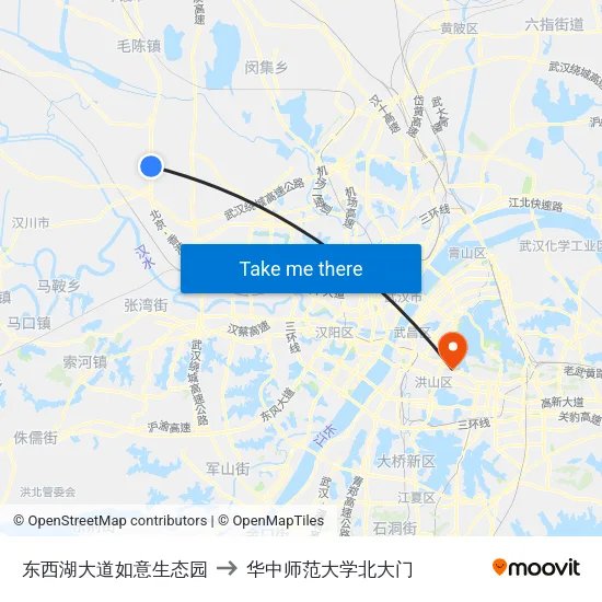东西湖大道如意生态园 to 华中师范大学北大门 map