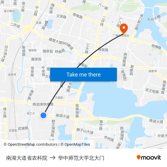 南湖大道省农科院 to 华中师范大学北大门 map