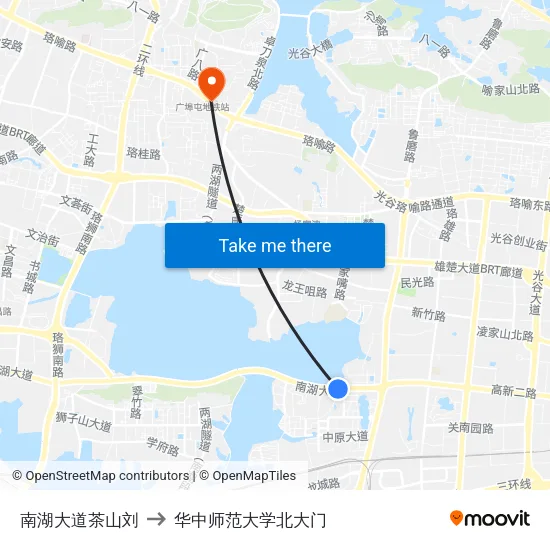 南湖大道茶山刘 to 华中师范大学北大门 map