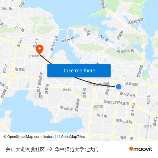 关山大道汽发社区 to 华中师范大学北大门 map