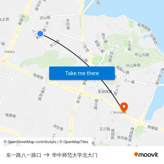 东一路八一路口 to 华中师范大学北大门 map